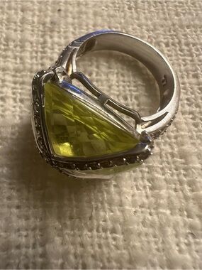 Silver Ring with Lime Green Faceted Gemstone and Pavé Accents